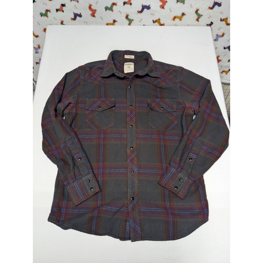 Fossil 54 Mens Vintage Fit Plaid Western Flannel Snap Button Shirt Gray‎ Red M
